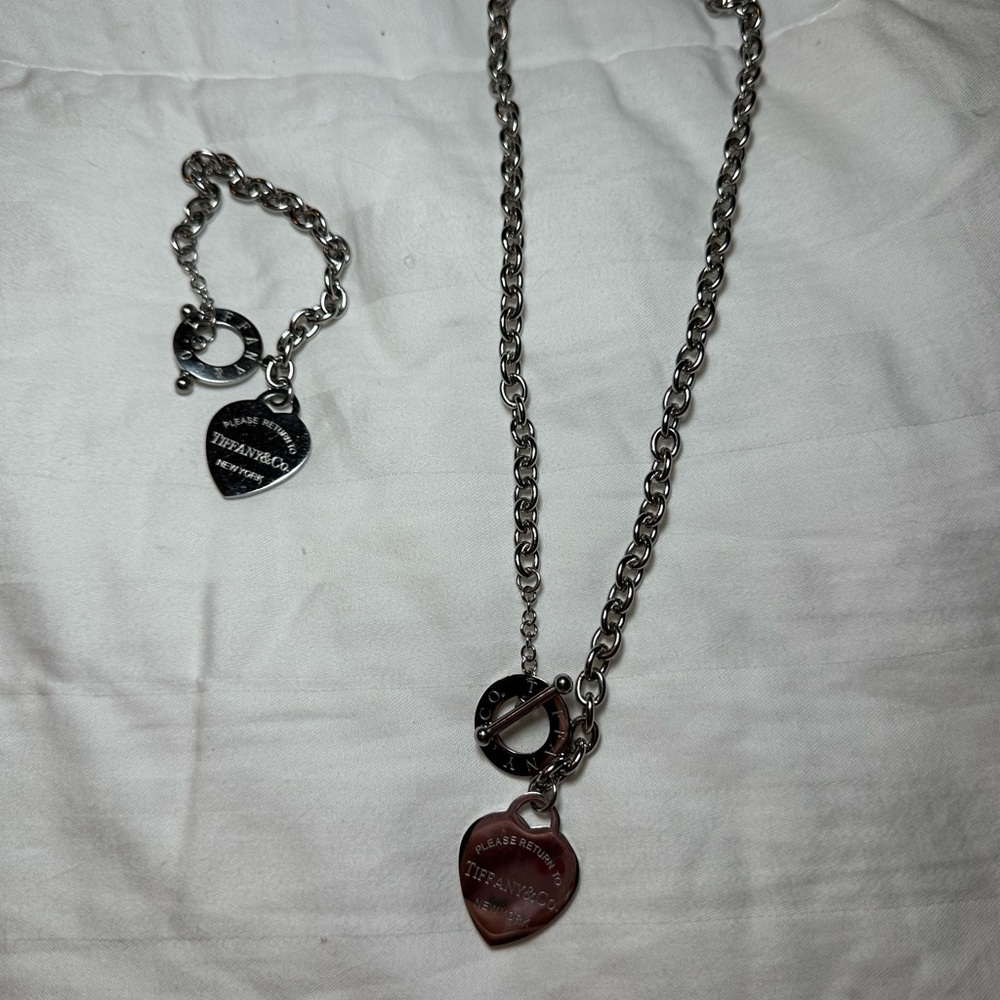 Silver T&C Heart Tag Necklace and Bracelet Set
